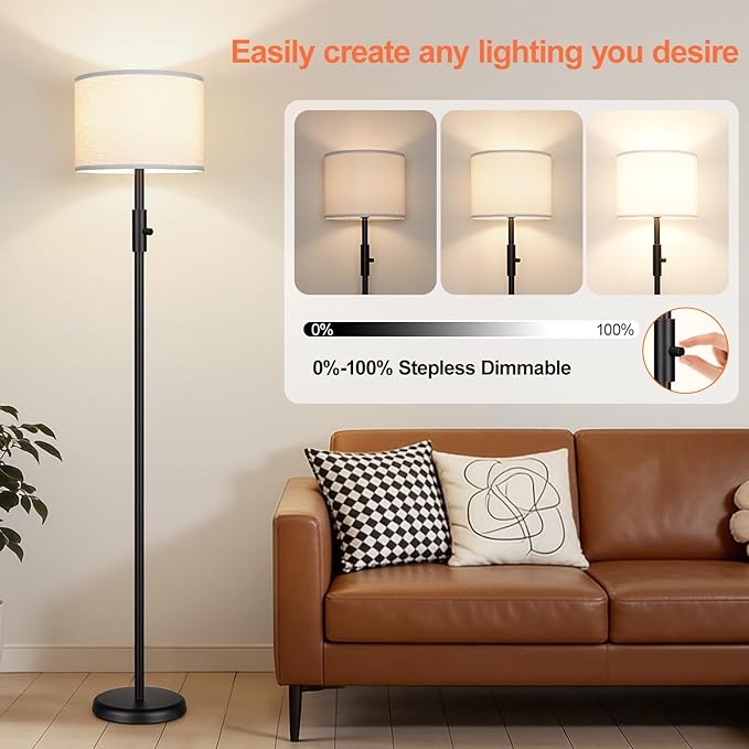 【Upgraded】 Dimmable Floor Lamp, Modern Floor Lamps Simple Design with White Shade for Living Room, Tall Standing Lamp for Bedroom Office Dining Room, Black Pole Lamp