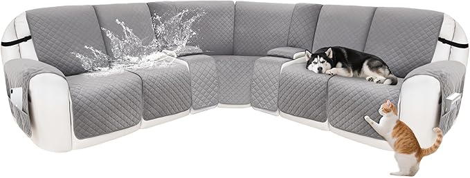 Reclining Sectional Couch Covers 100% Waterproof Velvet L Shape Recliner Couch Covers for Sofa Washable Anti Slip Recliner Slipcovers with Pockets (5 Seat Sofa with 2 Console, Silver Gray)