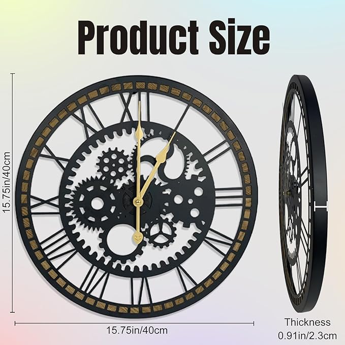 16 Inch Wall Clock, Gear Clock, Silent Non Ticking, Battery Operated Large Wall Clocks for Living Room Decor, Kitchen, Office (Vintage Industrial Steampunk)