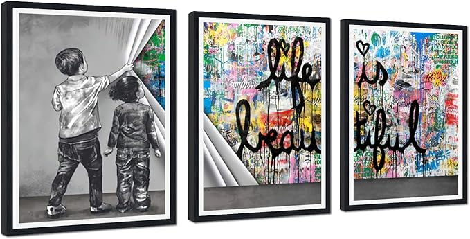 Novatique Banksy Canvas Wall Art for Living Room Colorful Graffiti Poster Canvas Print Behind the Curtain Framed Modern Home Office Decor,12" x 16" x 3Pcs