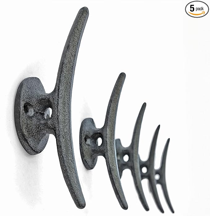 Ambipolar 5 Pack Decorative Cast Iron Heavy Duty Double Hooks, Wall Mounted Coat Hooks, Vintage Inspired (Antique Black) (Mooring Type)