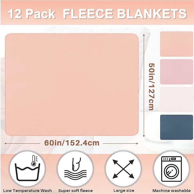 Newwiee 12 Pcs Fleece Throw Blankets Bulk 50'' x 60'' Oeko-tex Standard 100 Certified Spring Outdoor Wedding Guest Blankets Lightweight for Sleepover Donation Lap Pet Sofa Home (Pink Shades)