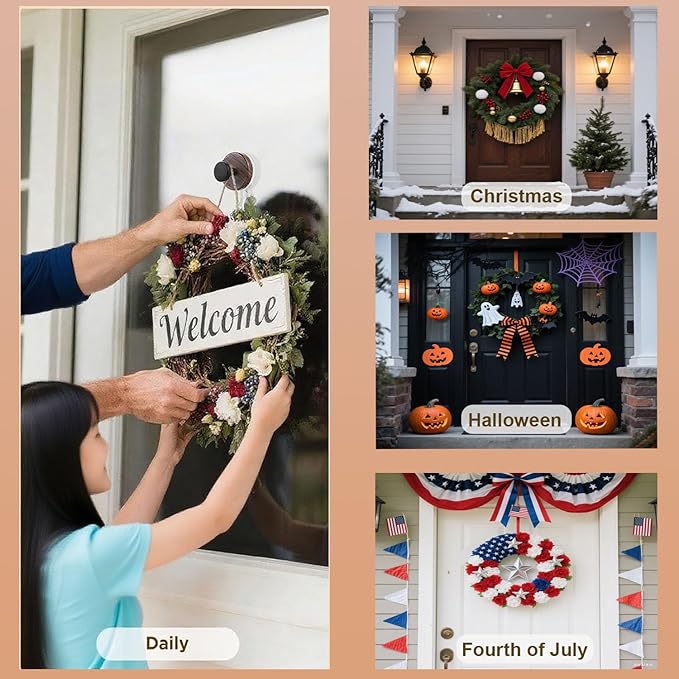 Wreath Hanger for Front Door, 4Pack Suction Cup Hooks for Glass Window/Over Door/Outdoor, Christmas/Thanksgiving/Halloween/July 4th/Easter/Valentine/Fall/Summer/Spring (4 Pack)