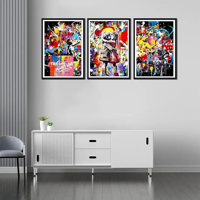 Novatique Banksy Canvas Wall Art for Bedroom Colorful Graffiti Pictures Wall Decor Graffiti Street Print Pictures for Bedroom Living Room Decor,16" x 24" x 3Pcs