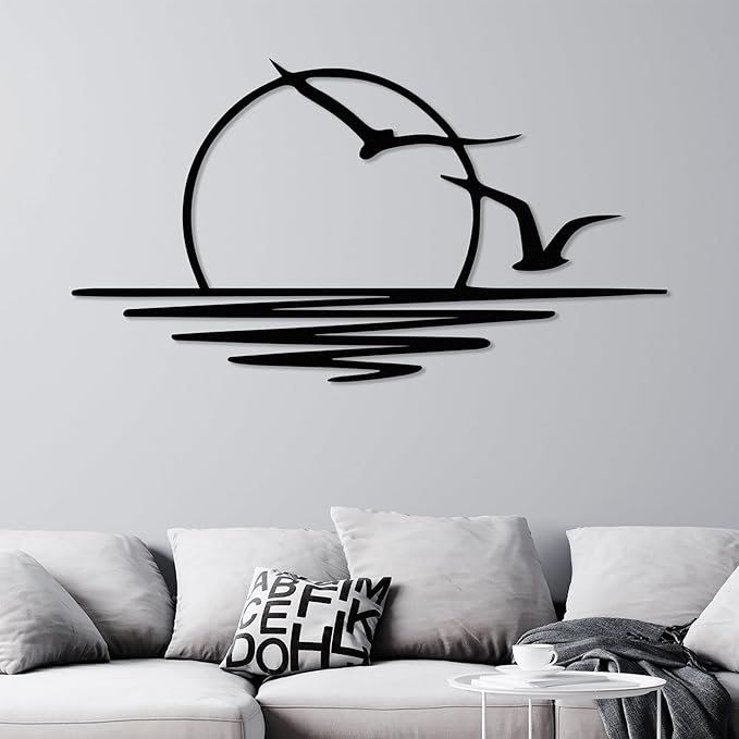 Wita Home Sunset with Seagulls Metal Wall Mounted Art, Handcrafted Metal Home Decor with Static Powder Coating, Eye-Catching Addition to Living Room Decor, Modern Beach Decor for Indoor and Outdoor Spaces, Perfect Housewarming Gift (64 x 32 inches)