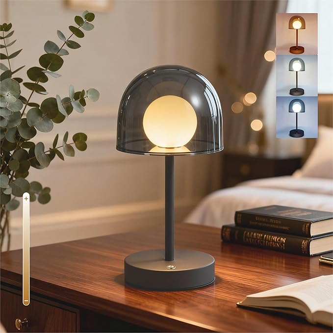 Rechargeable Small Counter Lamp, LED Modern Table Lamp with 3CCT & Stepless Dimming, Bedside Light for Study Living Room and Office, Mushroom Style (Smoky Grey)