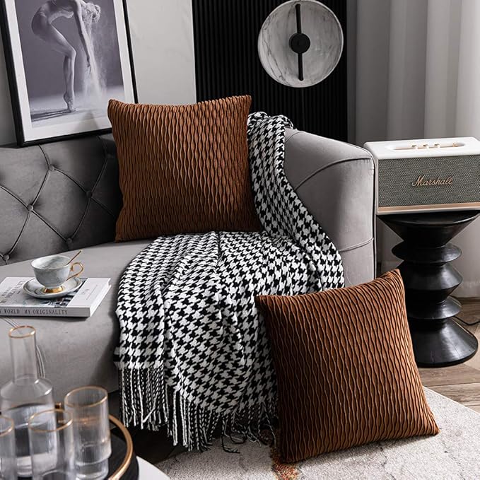 Light Brown Throw Pillow Cases: 2 Pack 20x20 Inch Original Stripe Velvet Square Decorative Pillow Covers for Farmhouse Couch