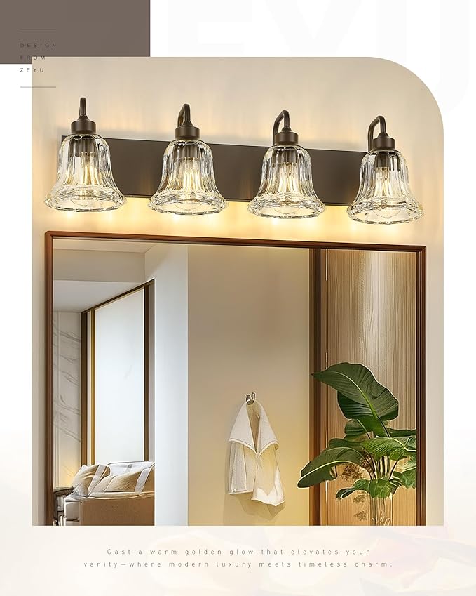 zeyu 4-Light Bathroom Vanity Lighting in Oil Rubbed Bronze Finish, Farmhouse Wall Mount Fixture Over Mirror with Clear Striped Glass, ZJX117B-4W ORB