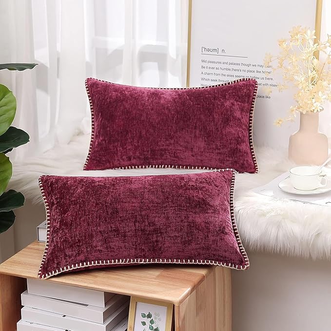 decorUhome Spring Chenille Soft Cozy Throw Pillow Covers 12x20 Set of 2, Modern Farmhouse Boho Velvet Decorative Pillow Cases with Stitched Edge for Couch Sofa Bed Home Decor, Rhododendron