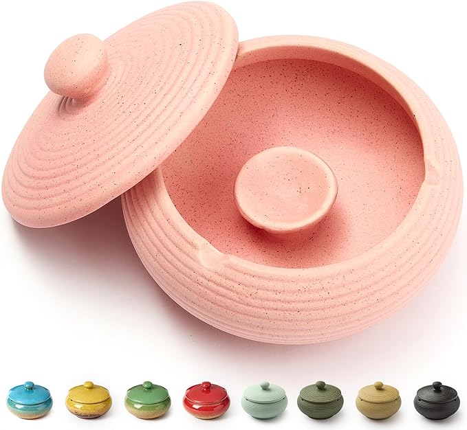 Ashtray with Lid for Outside Patio, Windproof Ash tray, Ceramic Smokeless Ashtray for Outdoor Home Office Tabletop Patio Outdoor Balcony, Pink