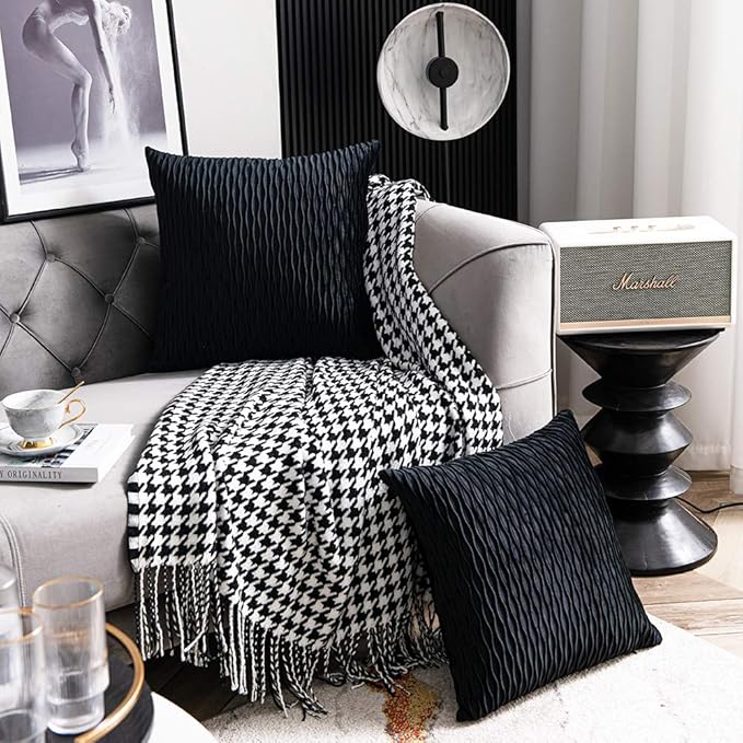 Black Striped Decorative Pillow Covers: 2 Pack 16x16 Inch Original Velvet Square Throw Pillow Cases for Farmhouse Couch