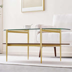 Oval Glass Coffee Table, Mid-Century Modern Design, L41 x W21 x H17 inch, for Living Room, 2-Tier Structure, Clear Glass Top and Walnut Finish Wood Shelf, Conical Legs with Gold Finish Frame