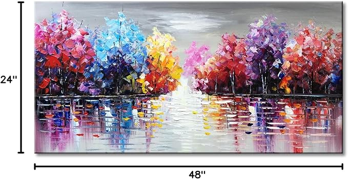 Hand Painted Lake Landscape Canvas Wall Art with Colorful Tree Thick Texture Oil Painting Abstract Artwork (48 x 24 inch)