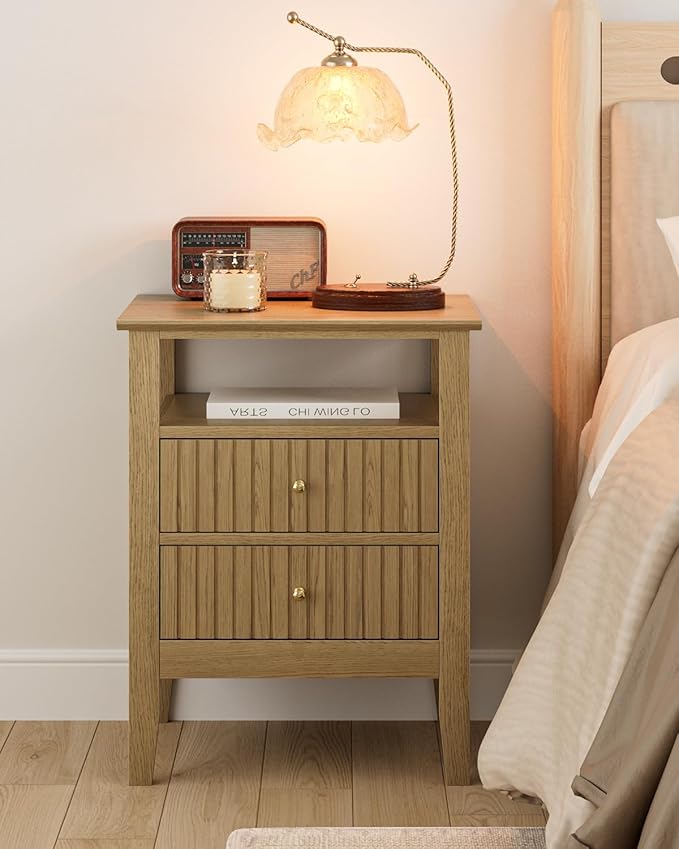 Fluted Nightstand, Farmhouse Night Stand with 2 Drawers, Mid Century Modern Side Accent Table,Bedside End Table for Bedroom, Living Room, Yellow Oak