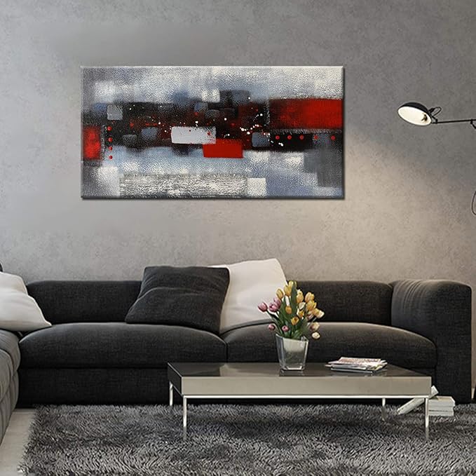 Handmade Abstract Red Gray Oil Painting, Thick Textured Linen Artwork, Modern Decoration Wall Art, Framed Painting Picture 48x24inch