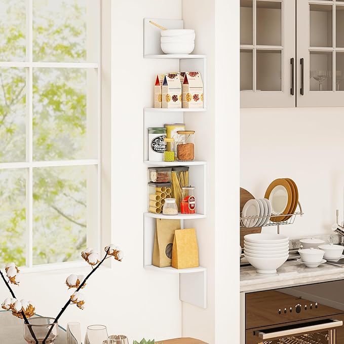 Tangkula 5-Tier Corner Shelf Wall Mount, Farmhouse Floating Corner Bookshelf, Industrial Modern Display Shelf Stand, Wooden Storage Organizer for Living Room Home Office (1, White)