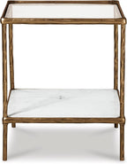 Signature Design by Ashley Ryandale | Contemporary Accent Table – Glass Top, Aluminum Frame & Marble Shelf, Antique Brass Finish