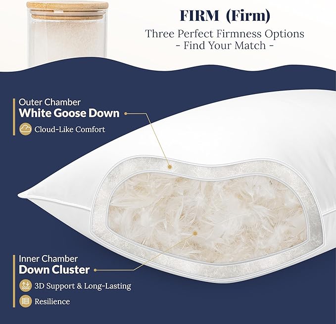 White Cotton Down Pillow - Luxury Hotel Bed Pillow with 100% Cotton, Goose Down Fiber Fill, Feather Pillow for Sleeping, 700TC Cotton Shell, Queen Size - Firm/More Support, 1 Pack