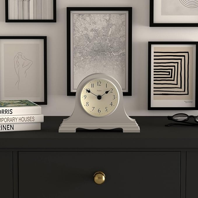 JONES CLOCKS® Speakeasy Mantel Clock | Classic Napoleon’s hat Design | Gray | Contemporary Classic Style for Desk, Table, Shelf or Bedside