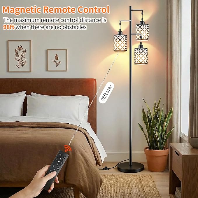 New Upgraded 72" Tall Dimmable Floor Lamp with 3 x 1100LM 12W Bright LED Bulbs, Farmhouse Standing Lamp with Remote Control, Industrial Tree Pole Floor Lamps for Living Room, Bedroom, Office - Black