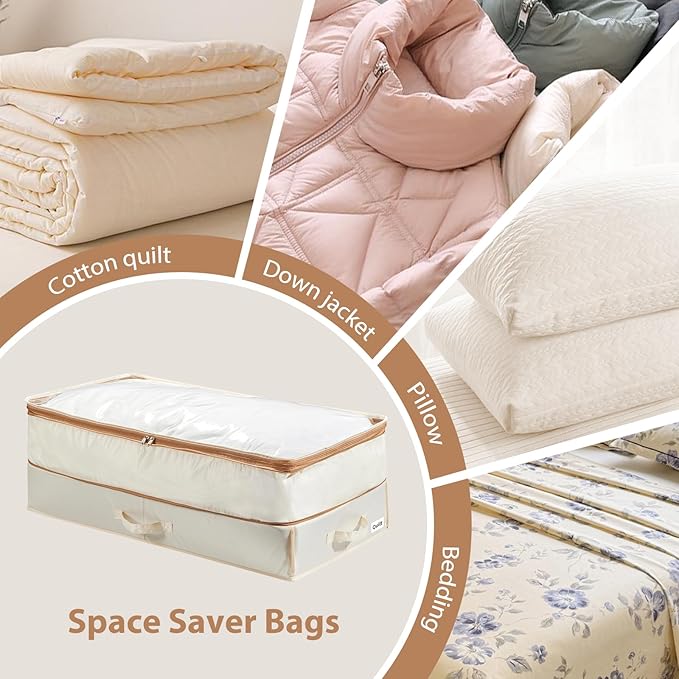 Under Bed Storage Container with Double Zippers, Foldable Oxford Fabric Organizer with Clear Top, Hard-Sided, Compressible Clothes & Blanket Bin, 32x16x11.4 Inch (4 Pack, Beige)