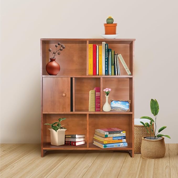 Brown Bookcase by Natural Wood, 7 Cube Bookshelf, Small Book Shelves Freestanding Display Storage Shelves. Open Bookshelf for Bedroom, Living Room and Office (Brown, 7 Cube)