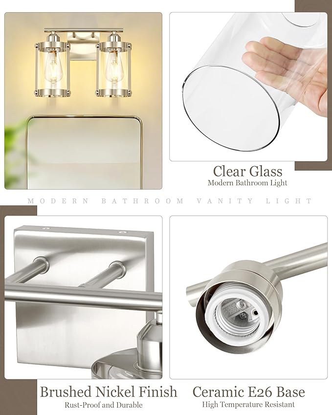 2-Light Brushed Nickel Bathroom Light Fixtures, 13.8 Inch Modern Bathroom Vanity Lighting Fixtures Over Mirror with Clear Glass and Metal Cage Wall Sconce Lights for Bath, E26, OS-3014BN-2W