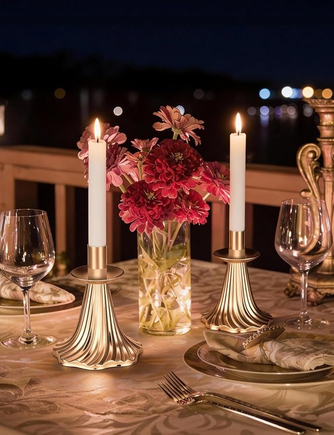 Taper Candle Holders Set of 4 - Victorian Style Gold Vintage Modern Decor, Table Mantel Centerpiece for Wedding Housewarming