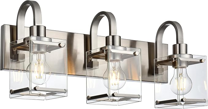 3-Light Bathroom Vanity Light Fixtures, Modern Vanity Lights with Clear Glass Shade Wall Light Brushed Nickel Wall Sconce Lighting for Living Room, Bedroom Kitchen Farmhouse