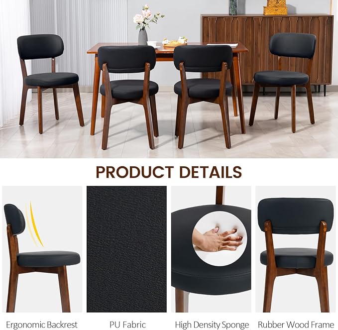 Yilaywain Mid-Century Modern Dining Chairs with Rubberwood Frame, Black Faux Leather Upholstered, 250 LBS Weight Capacity, Anti-Slip Protectors (Black)