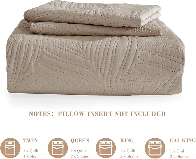 Exclusivo Mezcla Queen Quilt Bedding Set, Lightweight Taupe Quilts Queen Full Size for All Seasons, Soft Microfiber Bedspreads Coverlets Bed Cover with Leaf Pattern, 3 Piece
