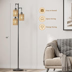 Oneach 68" Floor Lamps for Living Room, Stepless Dimmable Boho Floor Lamp with 3 Bulbs, Tall Farmhouse Industrial Corner Standing Tree Lamp for Bedroom, Office, Study Room, Dining Room, Black