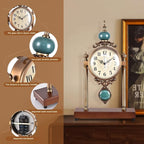 Vintage Fireplace Mantel Clock – Silent Retro Desk Clock for Living Room, Walnut Base with Metal Surface Antique Shelf Pendulum Clock, Home Decor