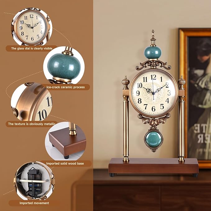 Vintage Fireplace Mantel Clock – Silent Retro Desk Clock for Living Room, Walnut Base with Metal Surface Antique Shelf Pendulum Clock, Home Decor