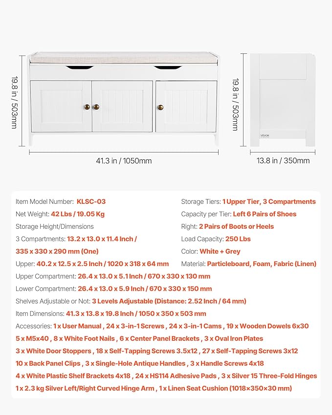 VEVOR Shoe Storage Bench with Padded Cushion & 3 Barn Doors, Entryway Bench with Hidden Storage, 41.3 x 13.8 x 19.8 Inches, for Entryway, Hallway, Living Room, Bedroom