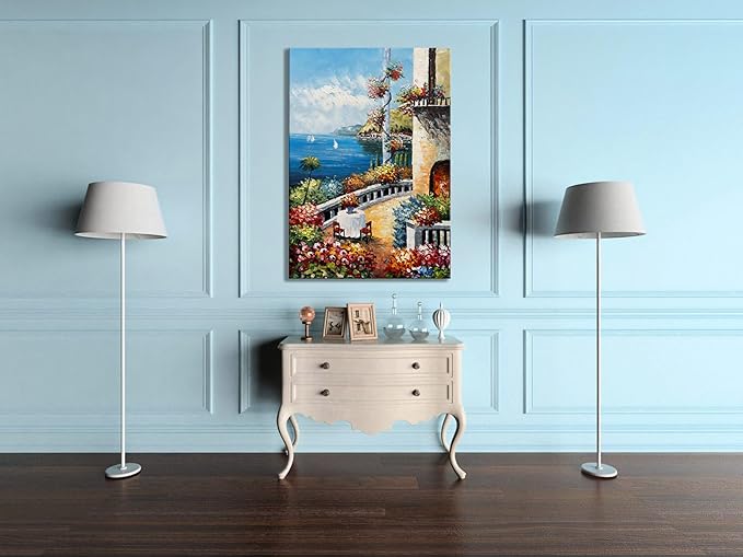 Alenoss Hand Painted Abstract Vertical Canvas Wall Art 28x40 Inches Large 3D Modern Acrylic Painting Mediterranean Sea Landscape Blue Artwork Wall Decor for Home Decorations