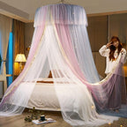 VETHIN Princess Bed Canopy for Girls,Bed Canopy Curtain- Double Layer Sheer Mesh Dome Bed Curtain- Round Lace Princess Mosquito Net Tent for Twin Full Queen King Bed(Pink/Grey/White)