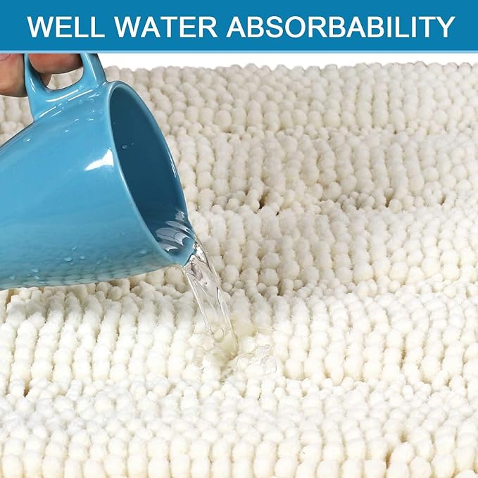 H.VERSAILTEX Bath Mats for Bathroom Non Slip Thick Chenille Striped Bath Rug Absorbent Fluffy Soft Shaggy Rugs Washable Dry Fast Plush Mats for Indoor, Bath Room, Tub - 17" x 24", Cream