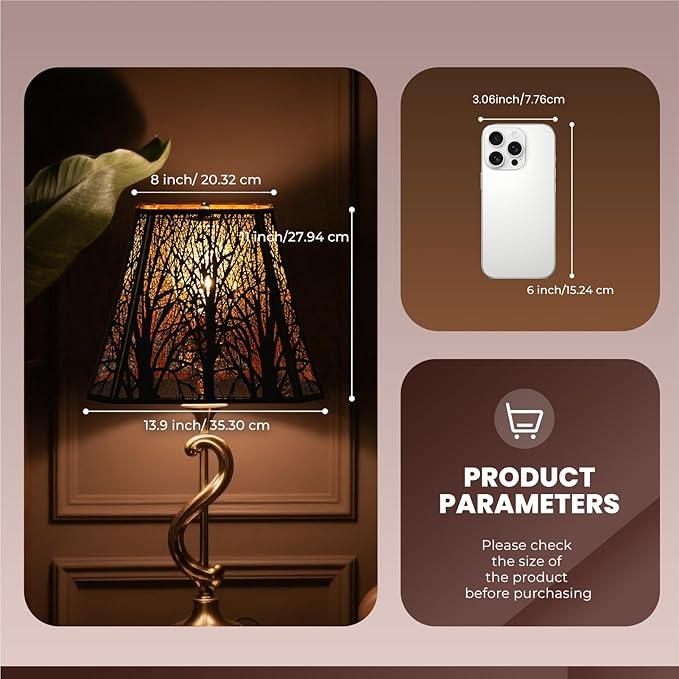Rectangle Large Metal Lampshade Forest Etching Forest Lamp Shade Pattern Fits For Table Lamps And Floor Lamps Spider Fitter (8+6)" Top x (13.8+8)" Bottom x 11" High