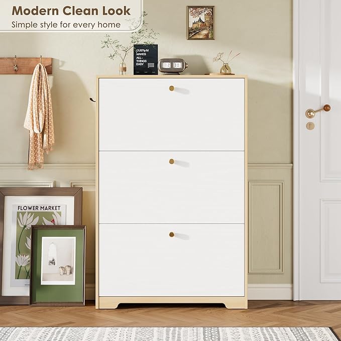 Nicetree Shoe Storage Cabinet for Entryway, Morden Shoe Cabinet, Freestanding Shoe Rack Cabinet, Hidden Shoe Dresser for Hallway,Foyer, Natural Oak and White