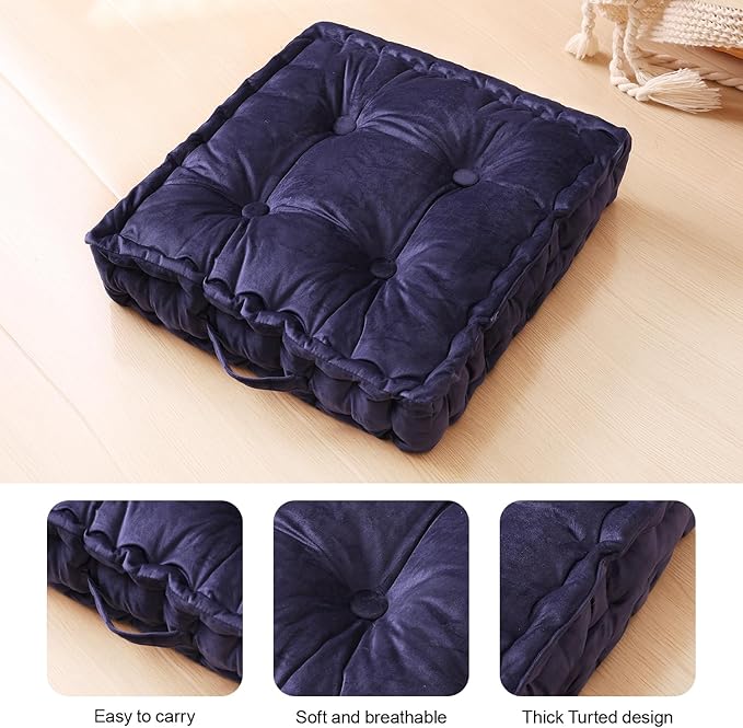 Square Floor Pillows, Large Floor Cushion for Adults Kids, Meditation Floor Pillow Seating Cushion with Shredded Memory Foam and Silk Wadding, 20"x20"x5" Navy 2 Count