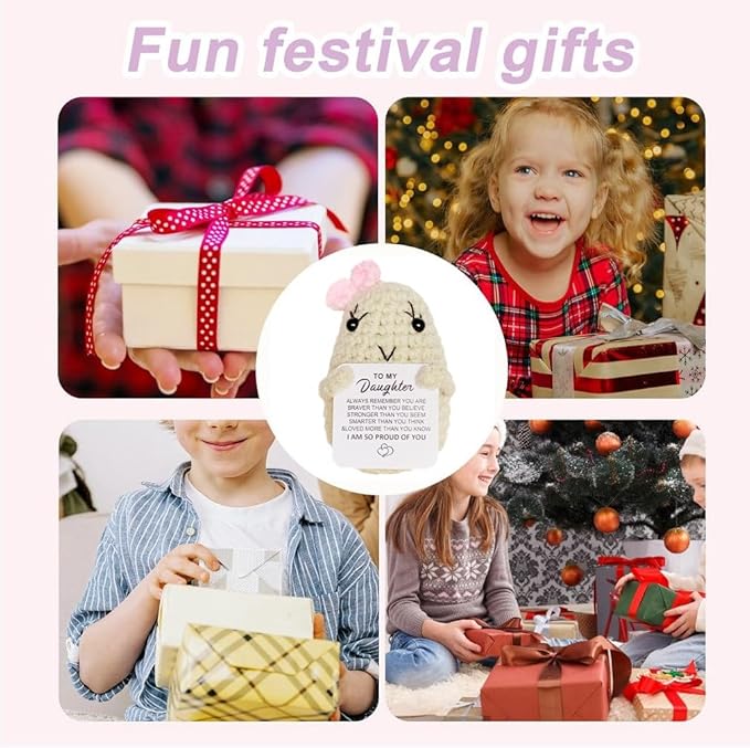 WASTIME Funny Knitted Wool Doll Toy with Positive Card - Creative Cute Mini Crochet Positive Potato Dolls Cheer Up Gift for Family Kids Friends Encouragement Decoration (B- to My Daughter)