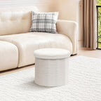 PINPLUS Round Storage Ottoman Cube Footrest - Versatile Boucle & Faux Teddy Fur Stool with Hidden Compartment for Living Room, Dorm, Bedroom White, 15"x15"x13.2"