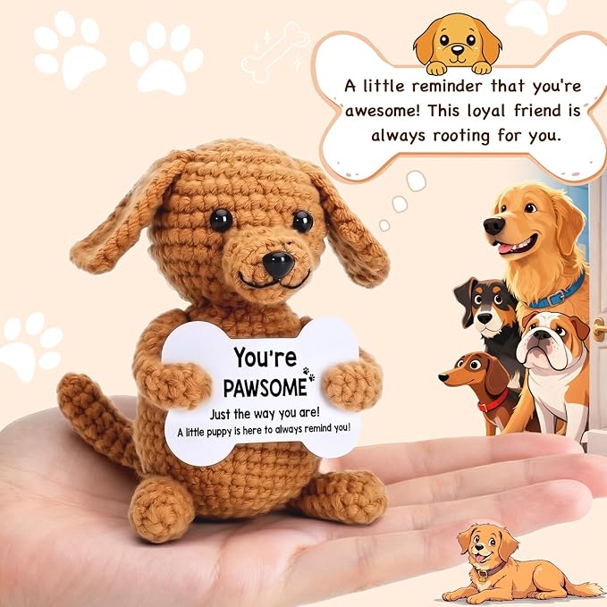 Crochet Dog Small Funny Gifts, Handmade Emotional Positive Crochet Animals, Mini Cool Cute Stuff Things Presents, Inspirational Puppy Dog Gifts for Women Men, Fun Pet Ornament Desk Decor Decorations