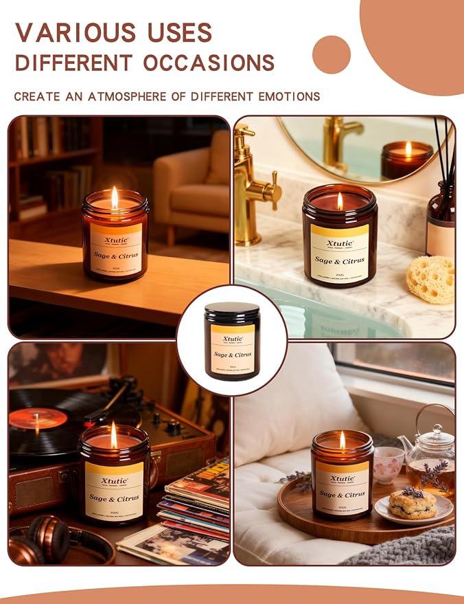 Soy Candle Gifts for Women & Men - 7oz Brown Scented Candle, 50-Hour Burn Time, Aromatherapy Jar for Home Decor, Relaxing Ambiance in Bedroom & Office(Sage Citrus)
