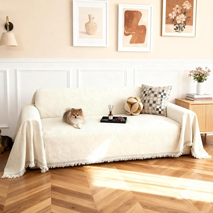 Couch Cover for Dogs, Non Slip Sofa Cover, Washable Couch Covers, 2 Cushion Sofa for Dogs Furniture Protector with Tassels Chenille Sofa Covers for Pets (Vertical Grain Beige)