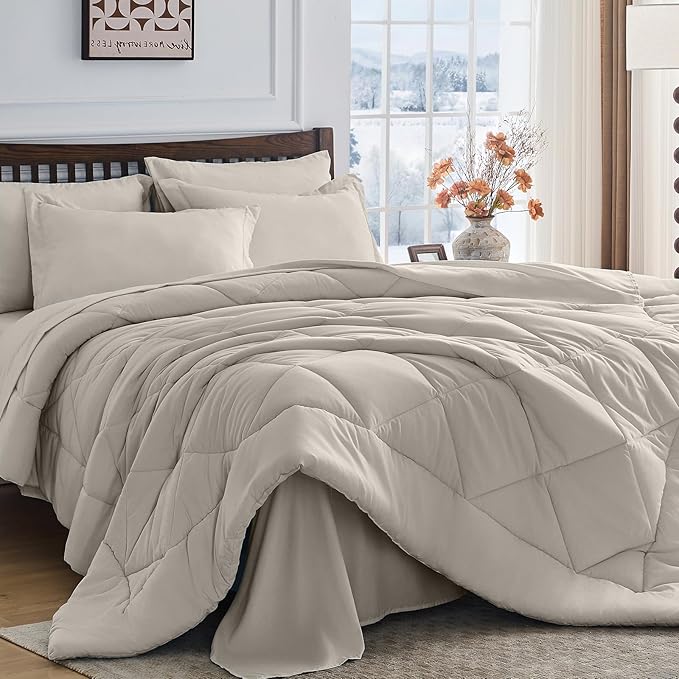 HEVUMYI Oatmeal Queen Comforter Set - 7-Piece All Season Bed in a Bag Queen, Ultra Soft Bedding Set with Comforter, Flat Sheet, Fitted Sheet, Pillowcases, Pillow Shams