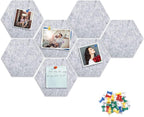 8 Packs Light Gray Hexagon Felt Pin Board, 12" Bulletin Board with 30 Push Pins, Felt Board for Home Kitchen Office Decor, Self-Adhesive Corkboard Tiles for Walls School Message Photos Memos