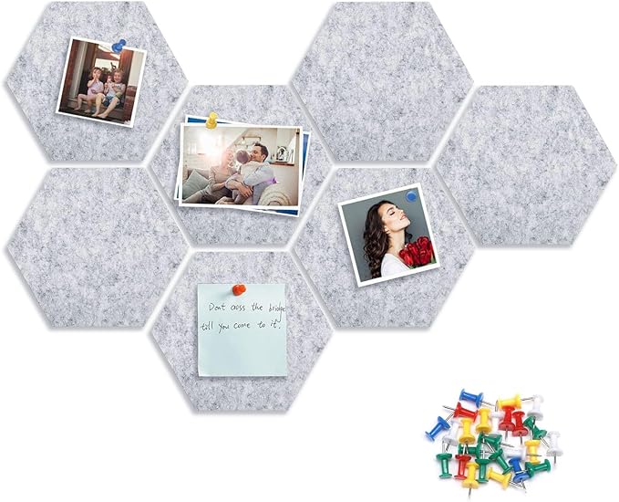 8 Packs Light Gray Hexagon Felt Pin Board, 12" Bulletin Board with 30 Push Pins, Felt Board for Home Kitchen Office Decor, Self-Adhesive Corkboard Tiles for Walls School Message Photos Memos