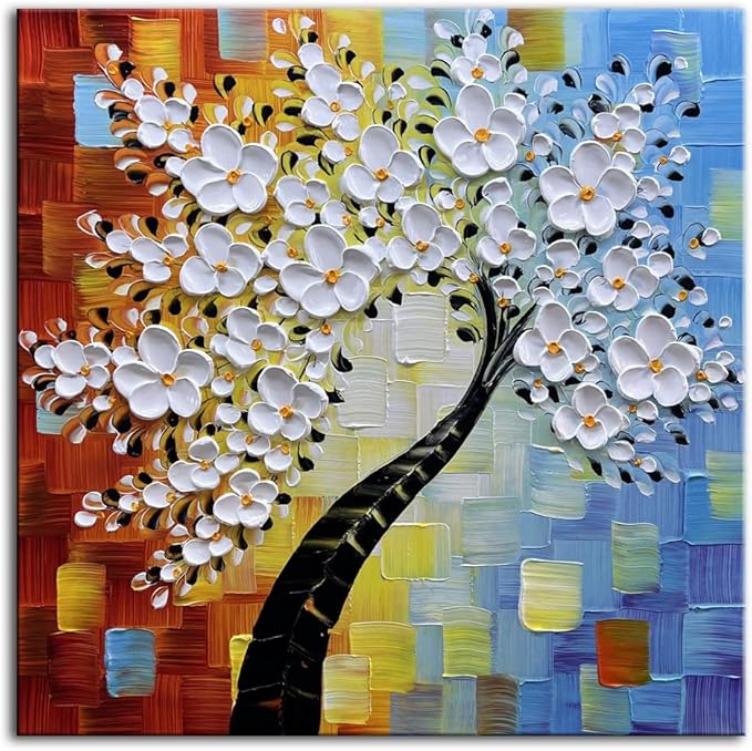 YaSheng Art - hand-painted Oil Painting On Canvas white Flowers Paintings Modern Home Interior Decor Wall Art for living room Abstract Art picture Ready to hang 24x24inch